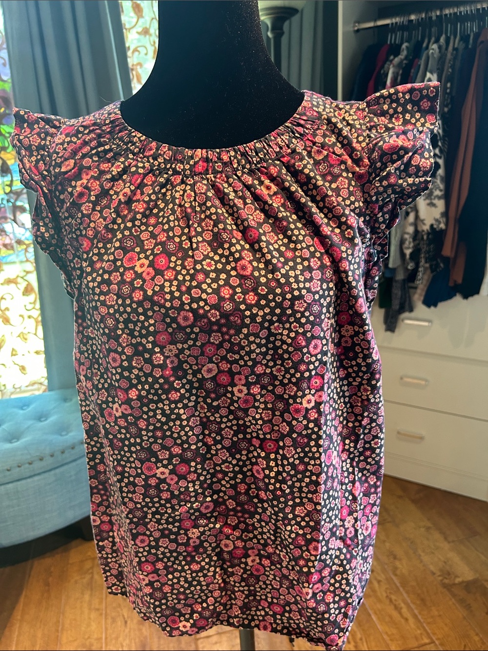 LOFT Black Floral Flutter-Sleeve Blouse with Pink Accents